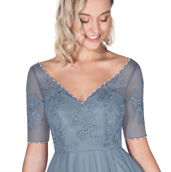 Azazie "Brenda" Long Tulle/Lace Dress in Dusty Blue Custom Sz 4/6 - Picture 15 of 16